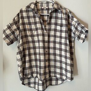 Madewell short sleeve drop shoulder tartan plaid 100% cotton button up down